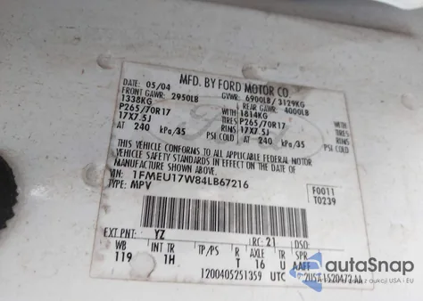 2004 Ford Expedition Eddie Bauer from USA, damaged, VIN 1FMEU17W84LB67216